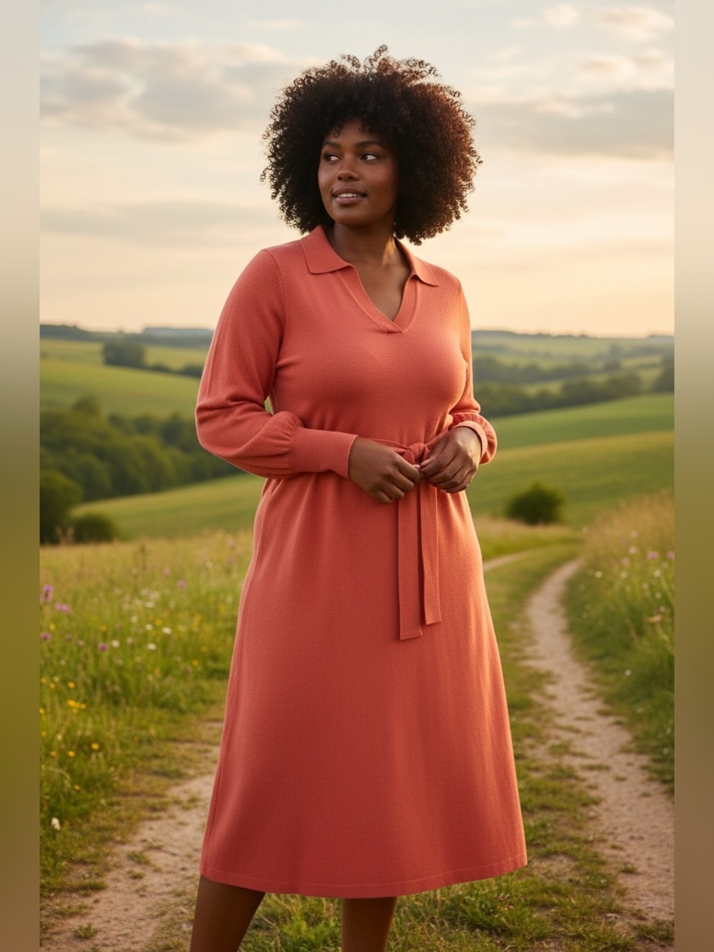 Ava & Viv Collared Tie-Waist Midi Dress - Coral-NWT-Size X/14W